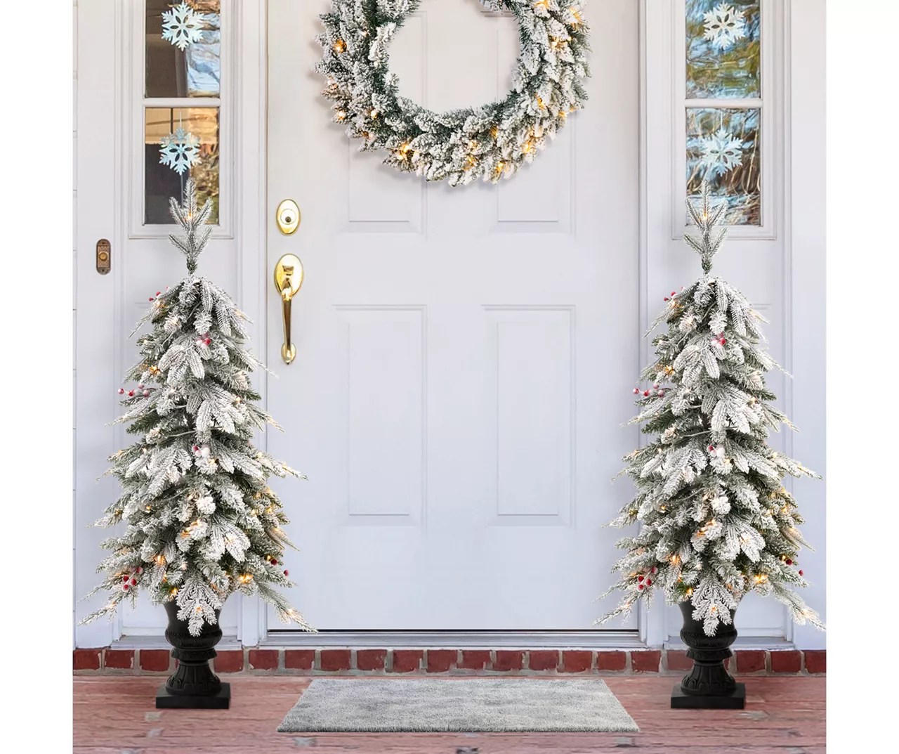 Glitzhome 4' Flocked Fir Pre-Lit Artificial Potted Trees, 2-Pack | Big Lots