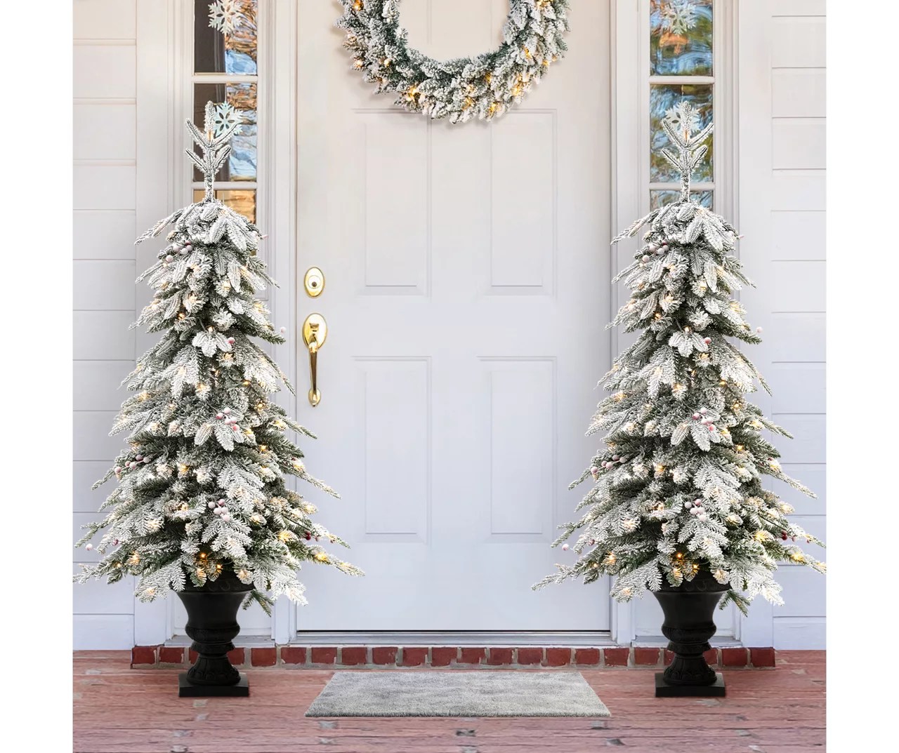 Glitzhome 5' Flocked Fir Pre-Lit Artificial Potted Trees, 2-Pack | Big Lots