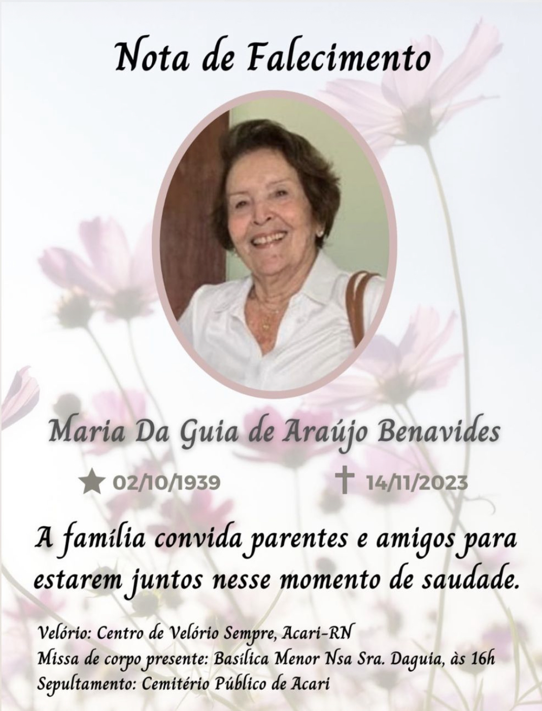 LUTO Nos despedimos hoje de dona Da Guia Benavides Blog do BG