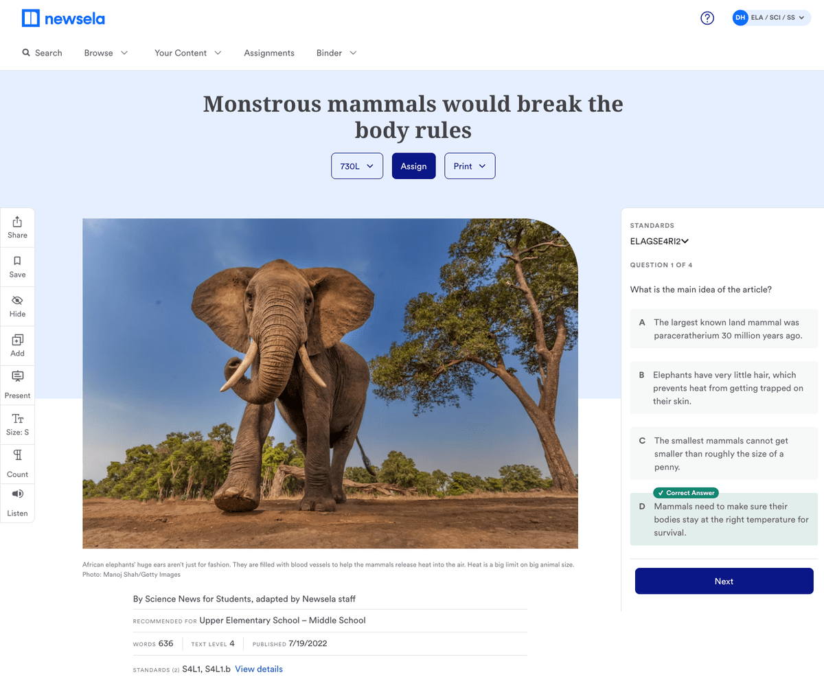 Standards-aligned quizzes paired with every article help students build