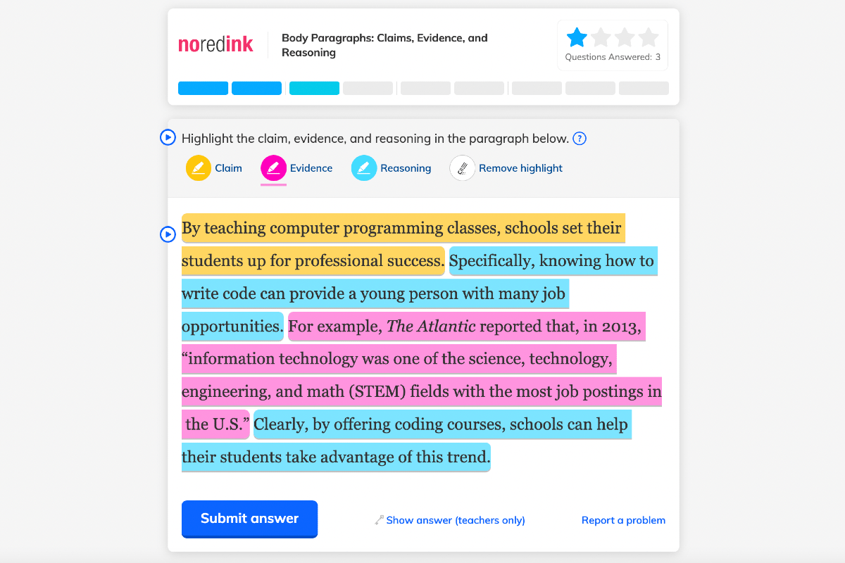Students assign the correct role of each sentence in a paragraph.
