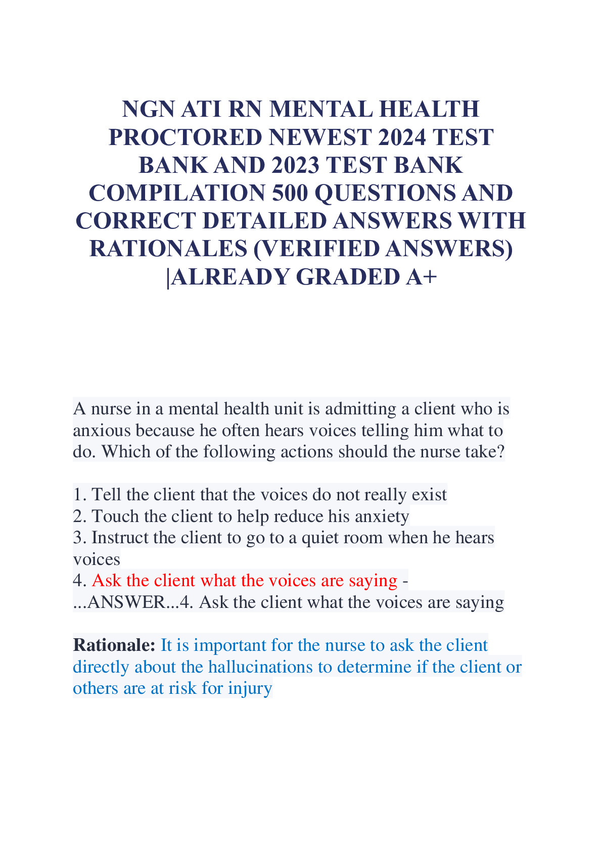NGN ATI RN MENTAL HEALTH PROCTORED EXAM 2024 NEWEST 70 QUESTIONS LATEST