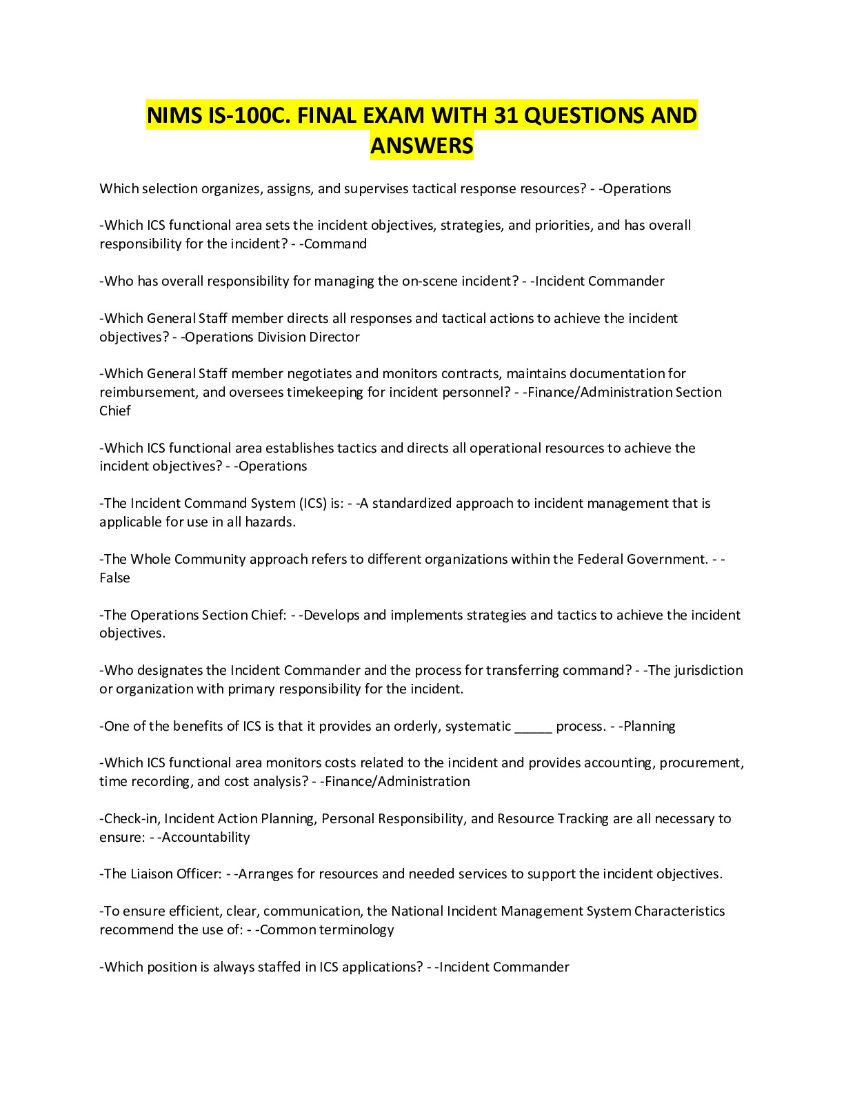 NIMS IS-100C. FINAL EXAM WITH 31 QUESTIONS AND ANSWERS - DocMerit