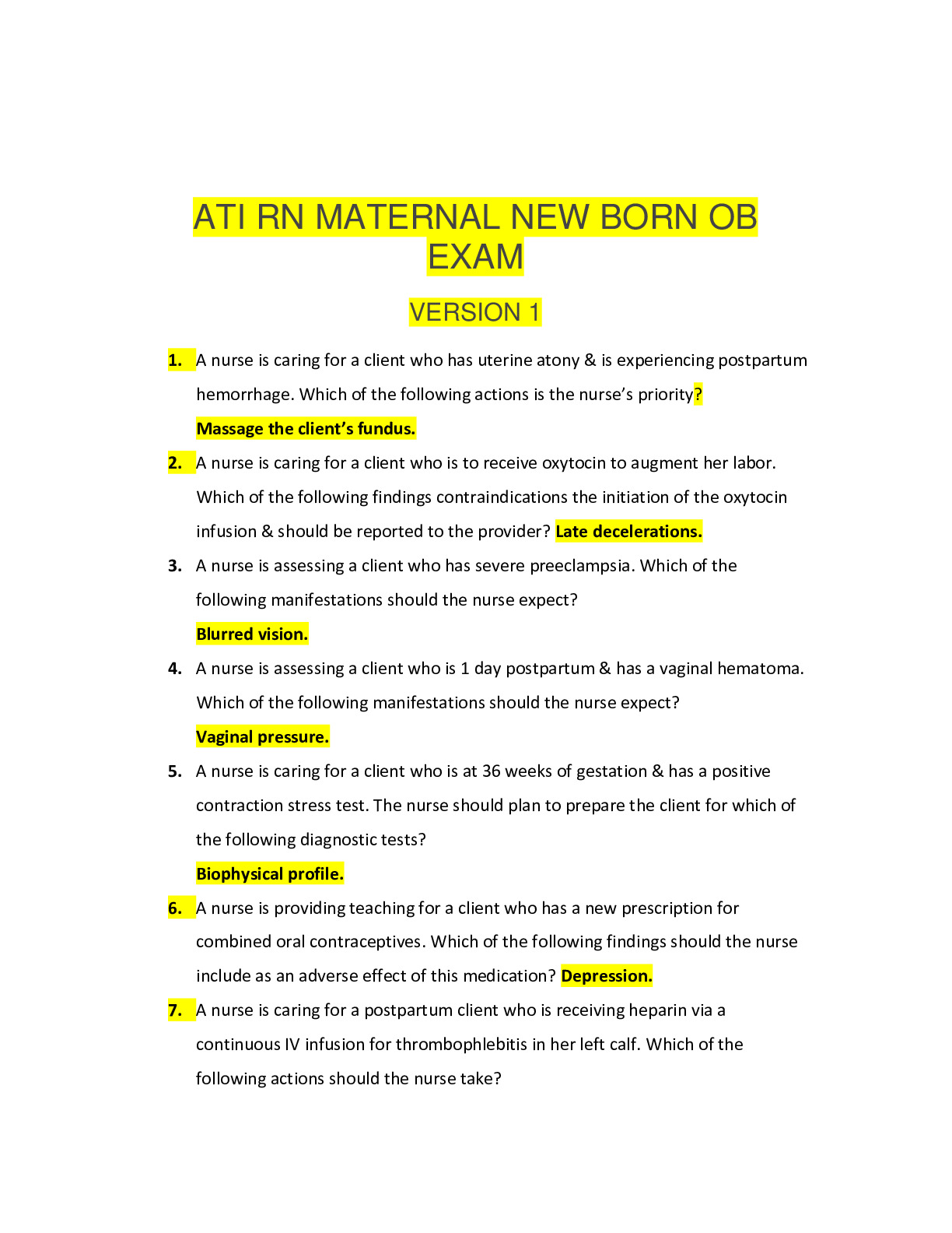 ATI RN Maternal OB Proctored Exam 2023 with NGN (10 versions) DocMerit