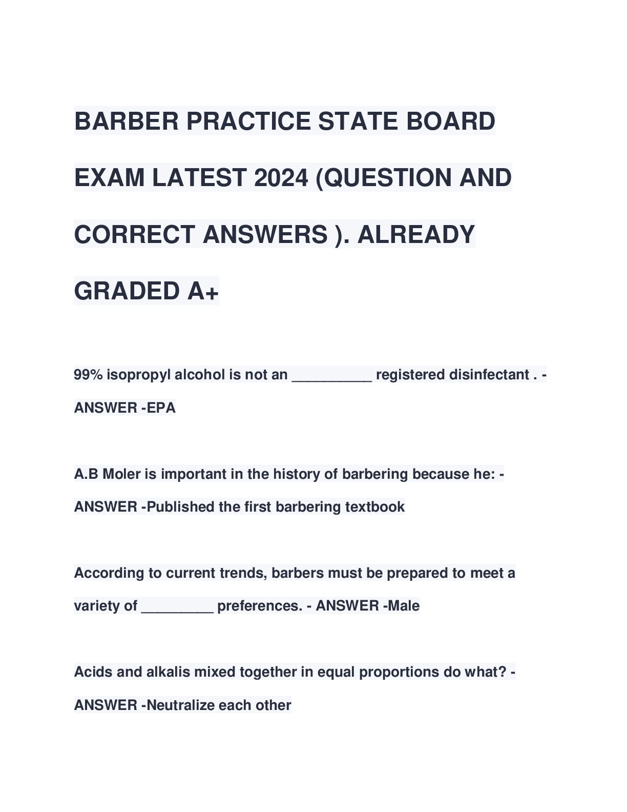 Barber Practice State Board Exam (questions with verified answers