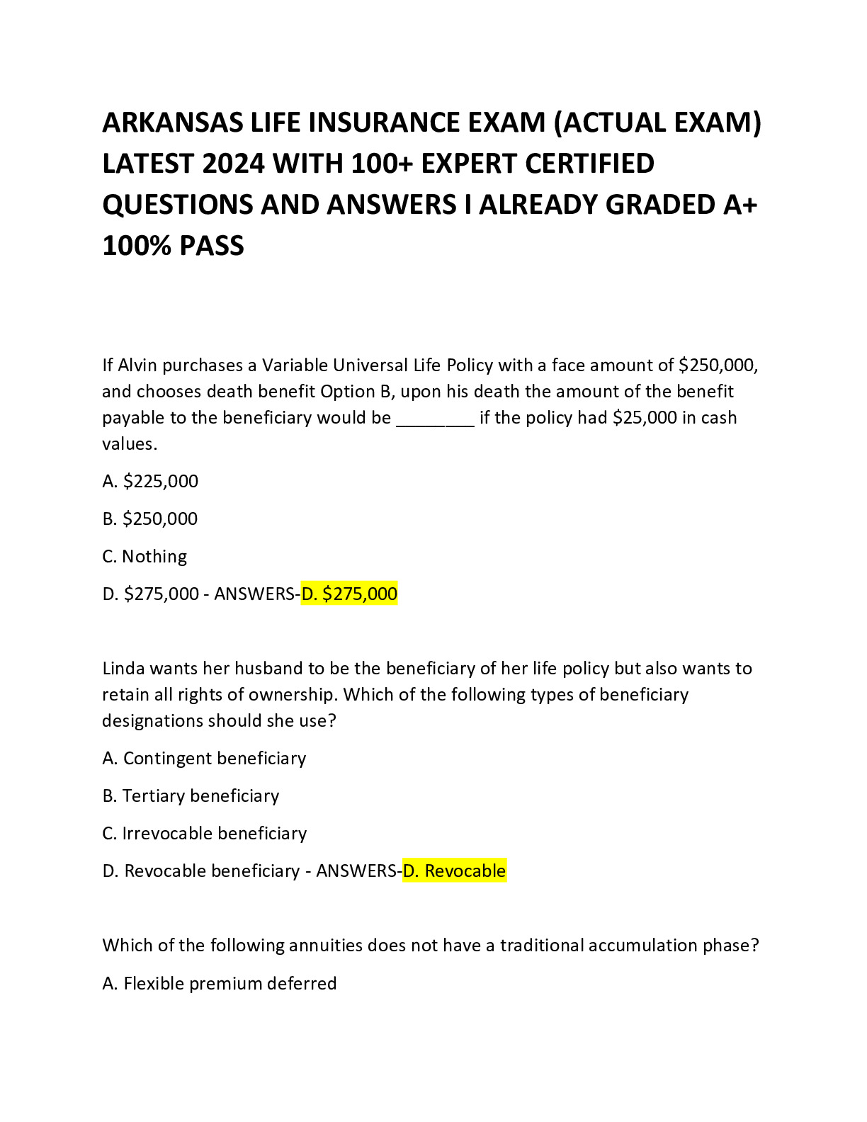 Arkansas Life Insurance Exam Questions and Answers 100 Correct 2024