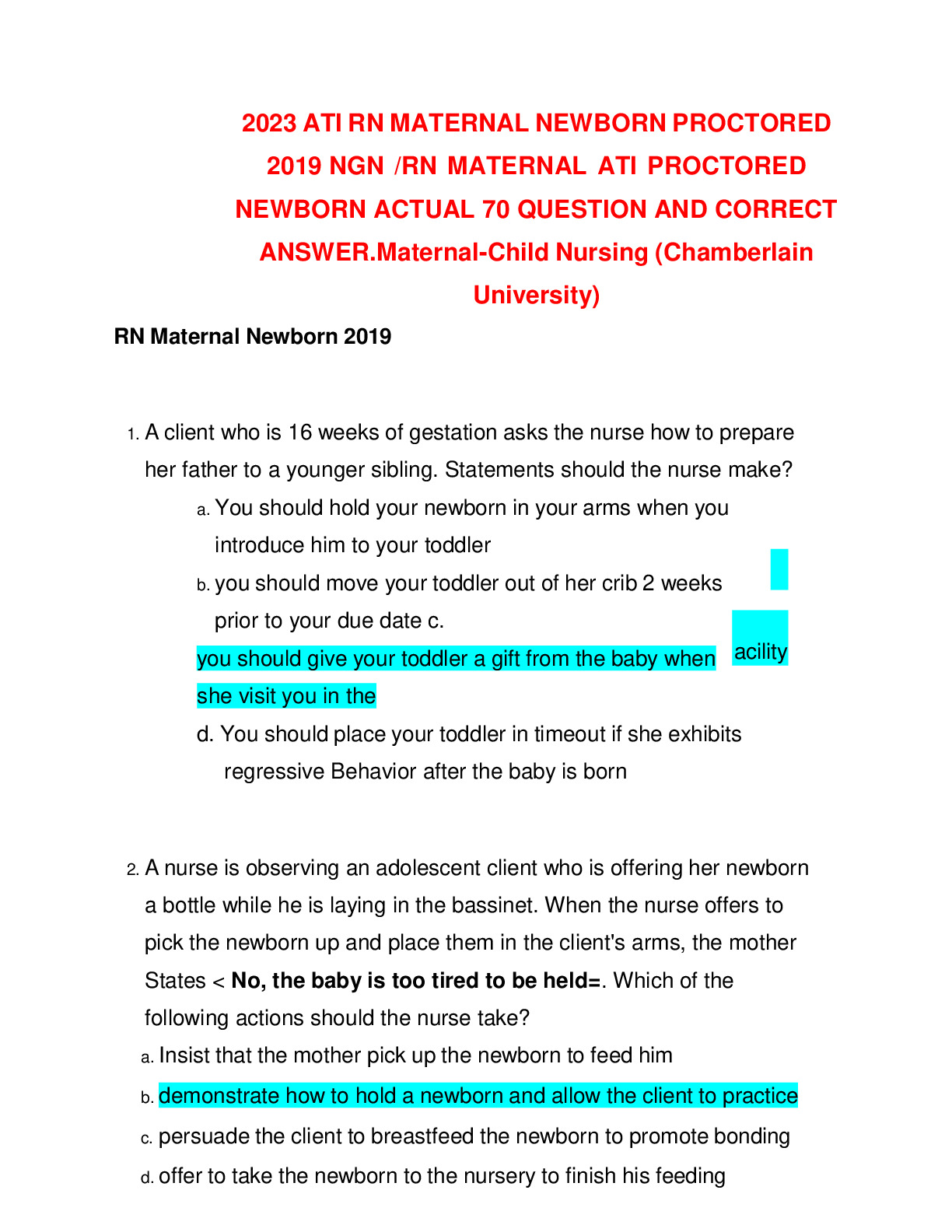 ATI MATERNAL NEWBORN PROCTORED EXAM RETAKE 2019 Graded A DocMerit