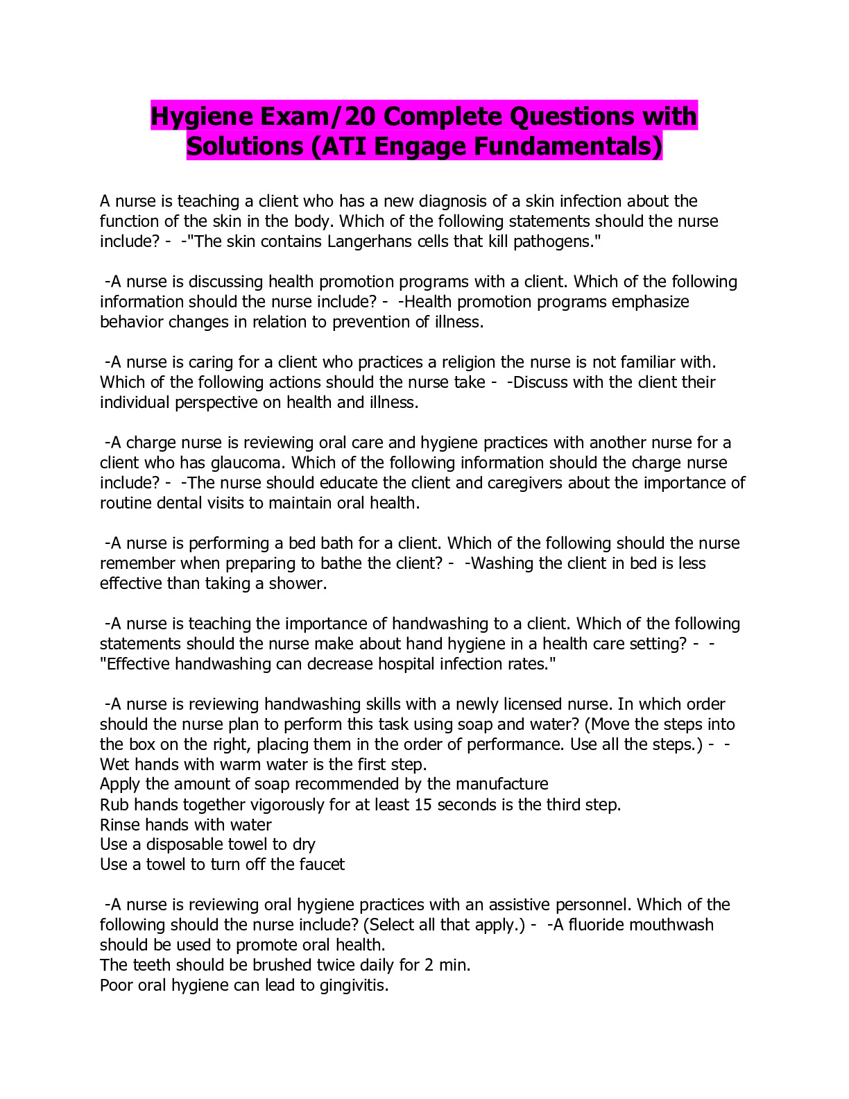 Hygiene Exam/20 Complete Questions with Solutions (ATI Engage Fundamentals) DocMerit