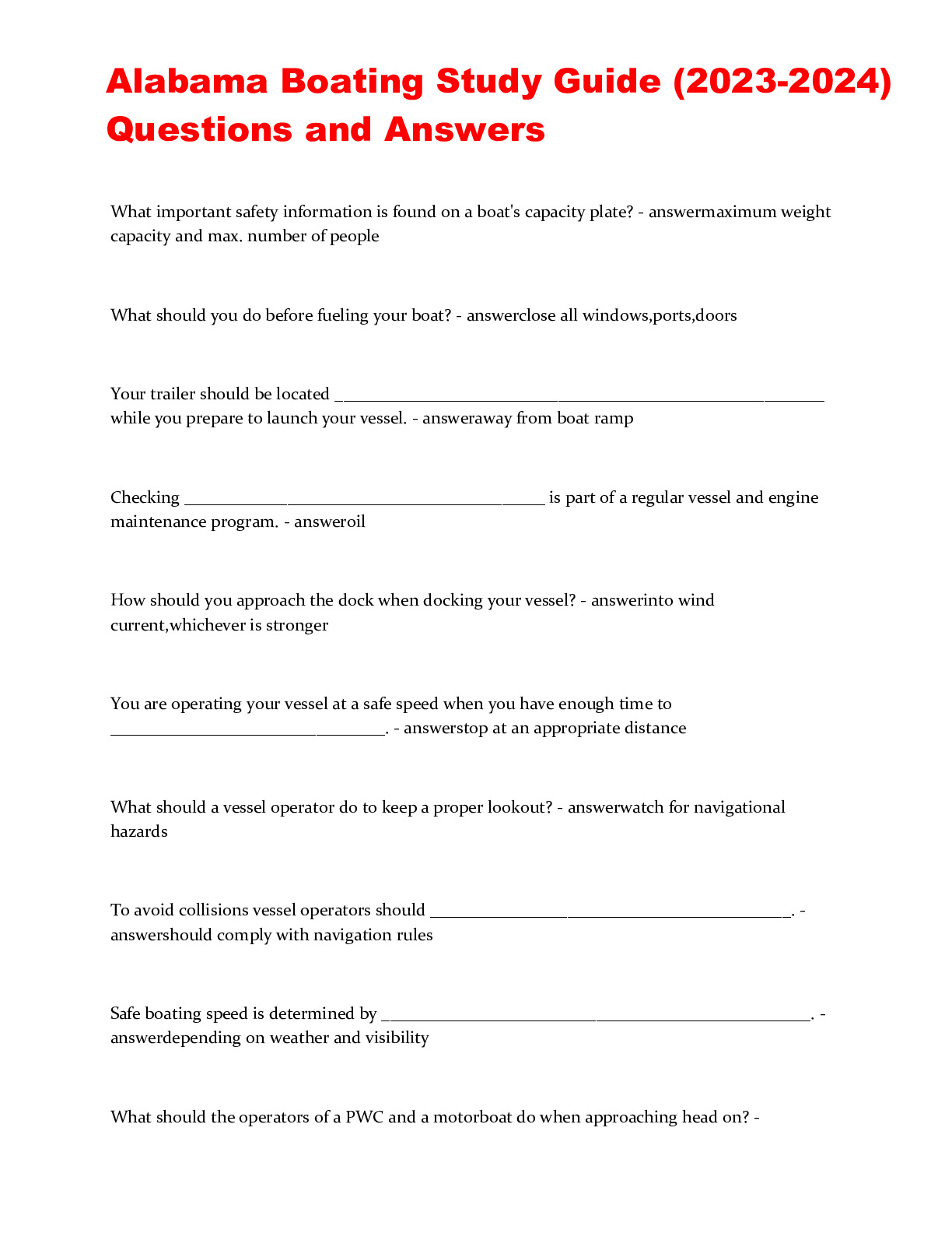 ALABAMA BOATING TEST (60QUESTIONS) WITH CORRECT ANSWERS 2023 & ALABAMA