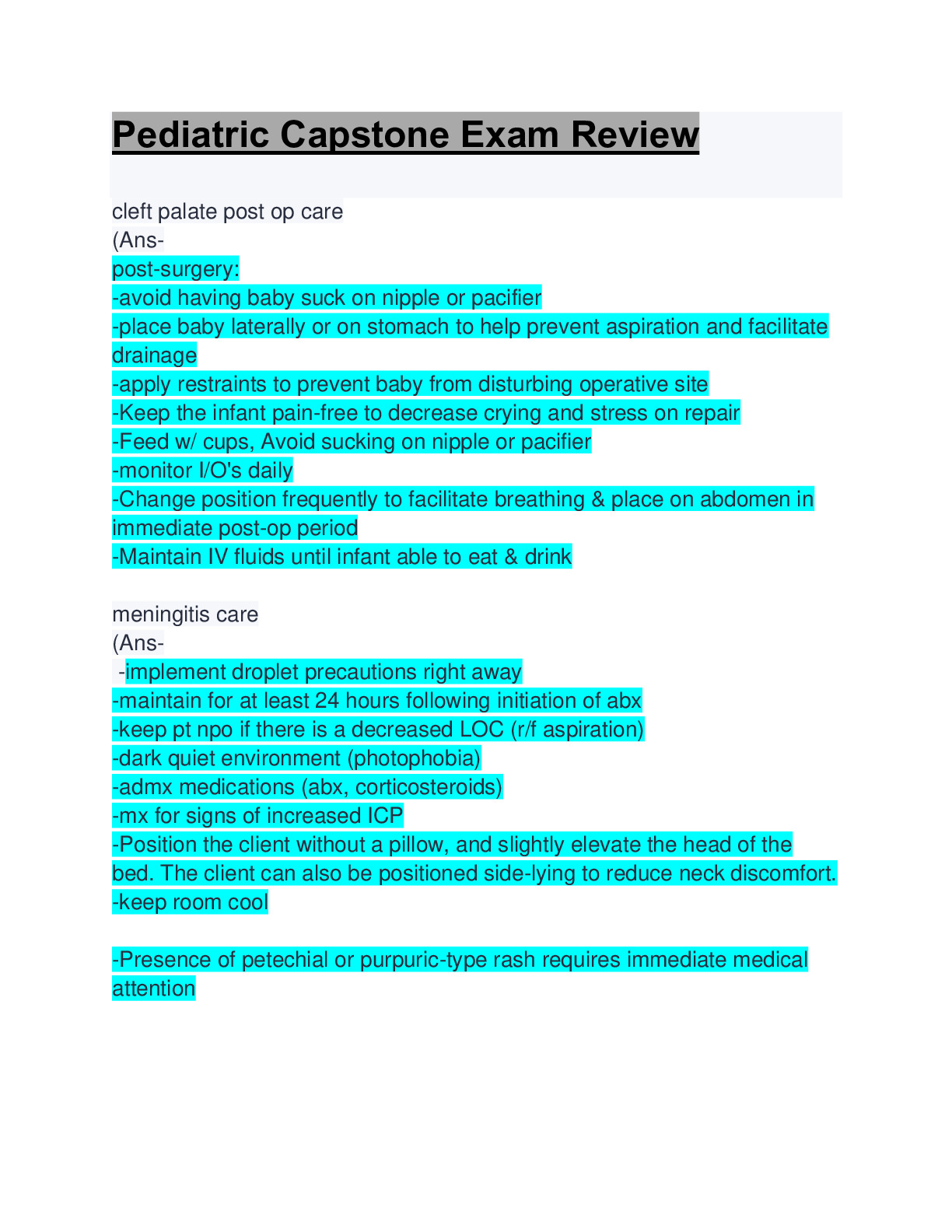 ATI Capstone Care of Children PreAssessment QuizPediatric Capstone
