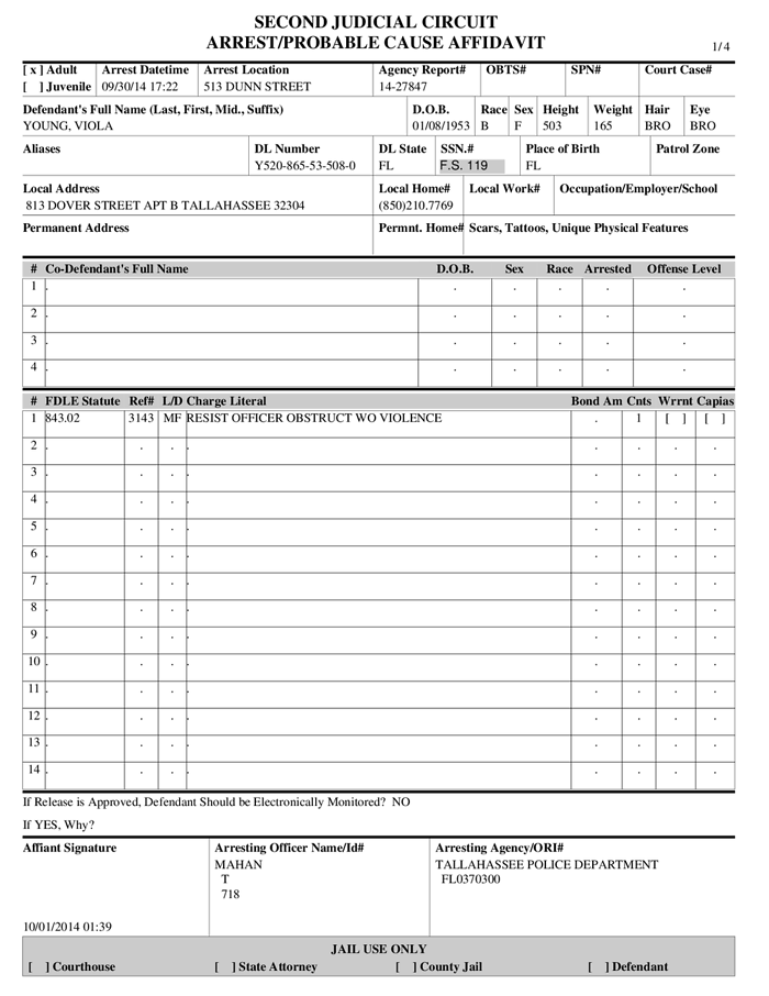 Viola Young Affadavit in police Taser incident Documents Los