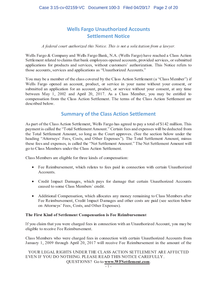 Proposed Wells Fargo unauthorized accounts settlement Documents Los