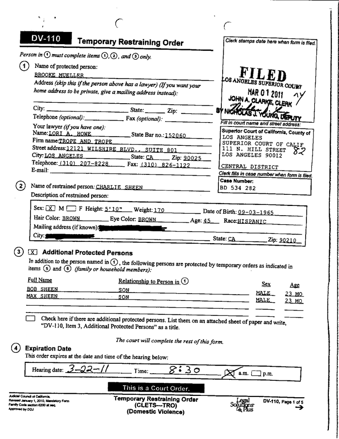 Charlie Sheen restraining order Documents Los Angeles Times