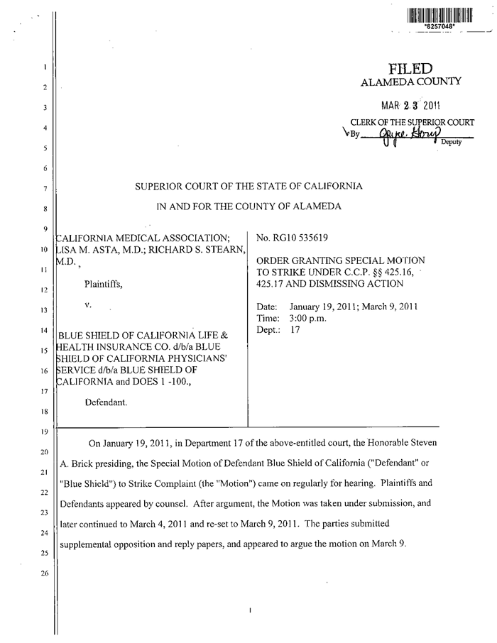 Dismissal of suit against Blue Shield of California Documents Los