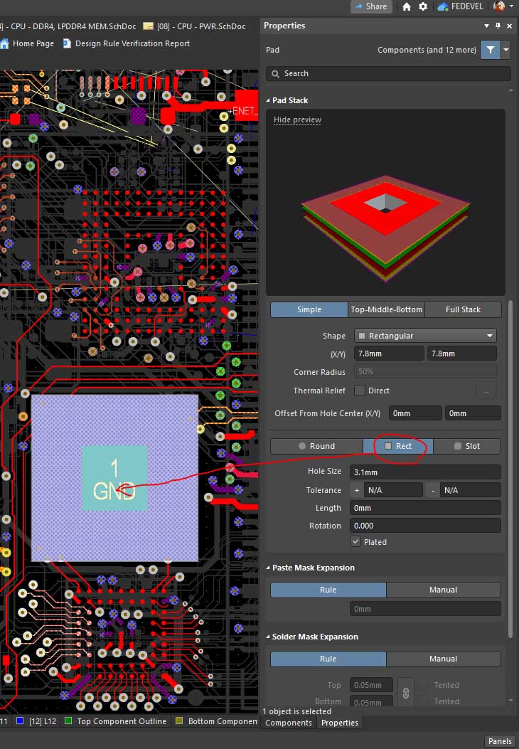 A SQAURE NPTH HOLE in ALTIUM DESIGNER