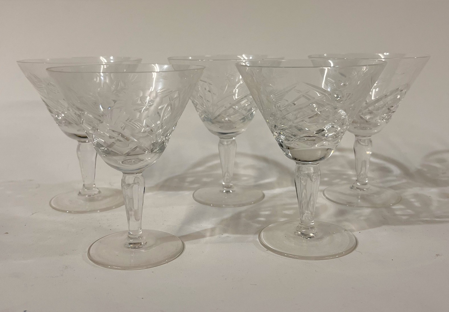 Five Cut Crystal Aperitif Glasses with Etched Rose Detail Theodore