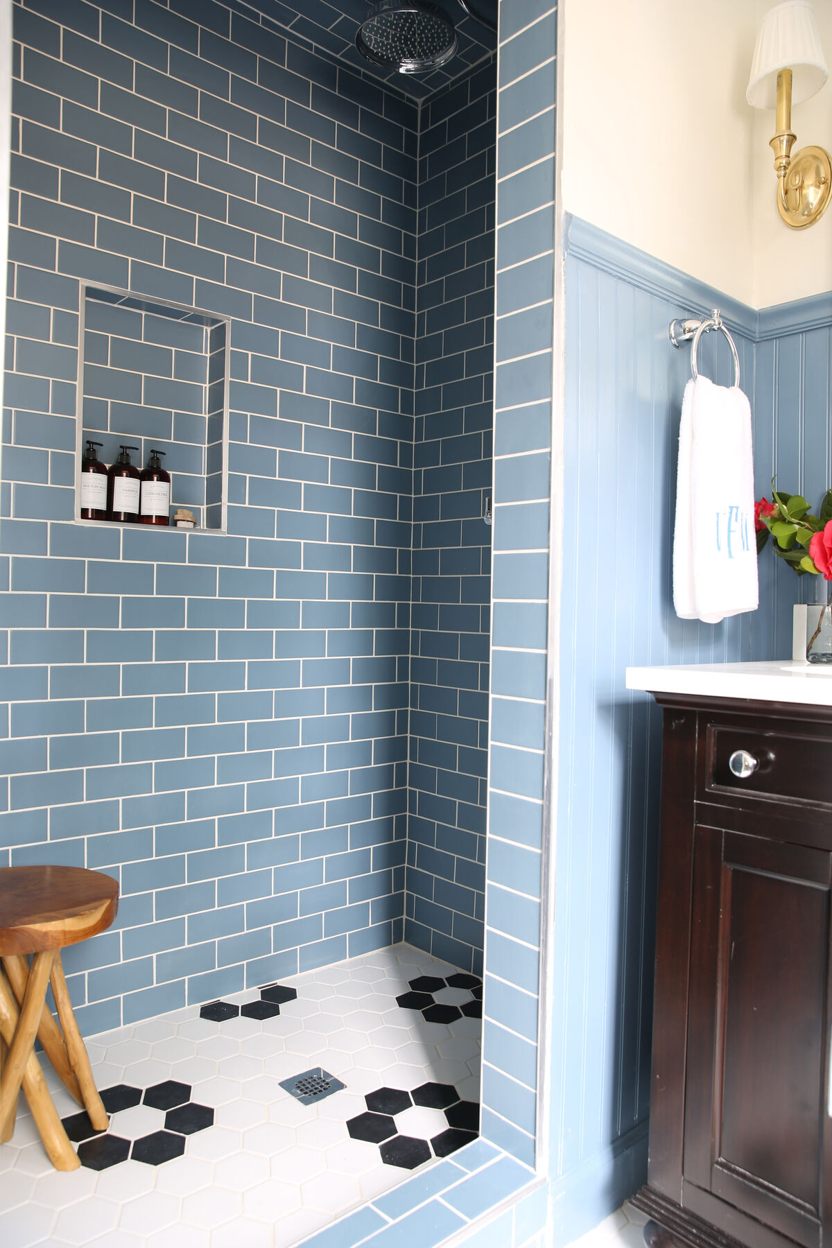 Dusty Blue Shower Tile With Hexagon Floor Fireclay Tile