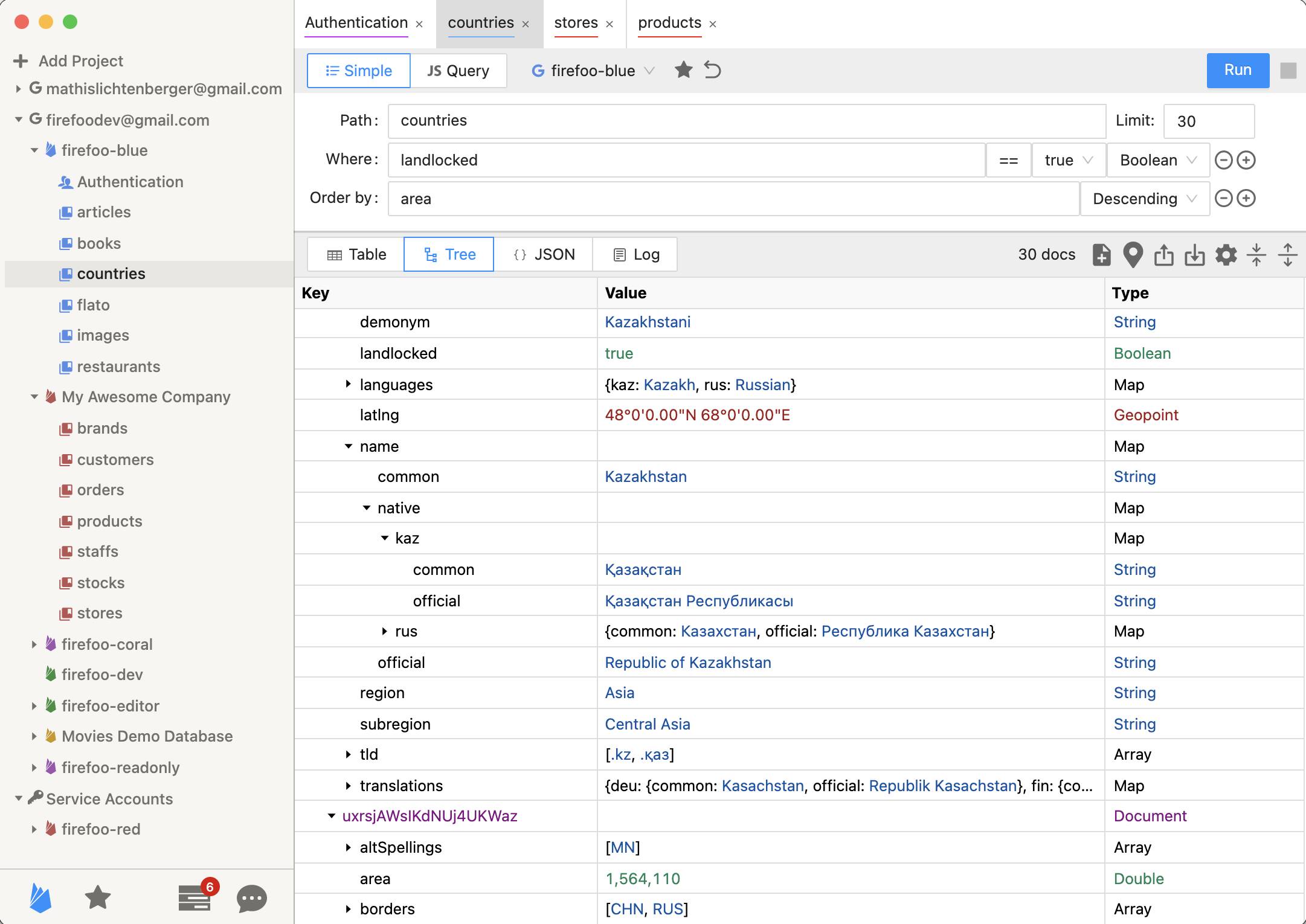 Table, Tree and JSON View for Firestore Collections Firefoo