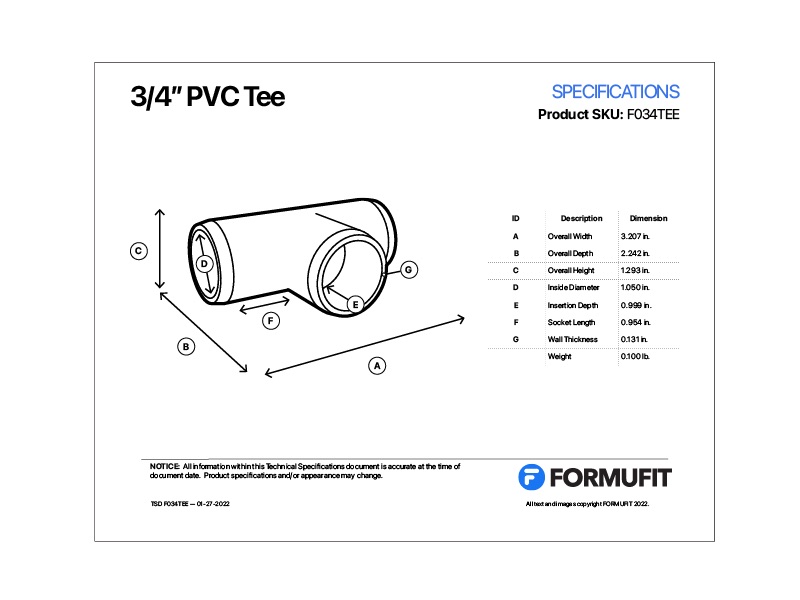 3/4" PVC Tee Fitting Furniture Grade FORMUFIT