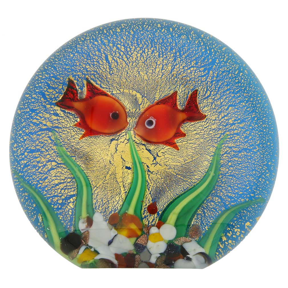 Murano Paperweights Murano Glass Aquarium With Goldfish and Sun