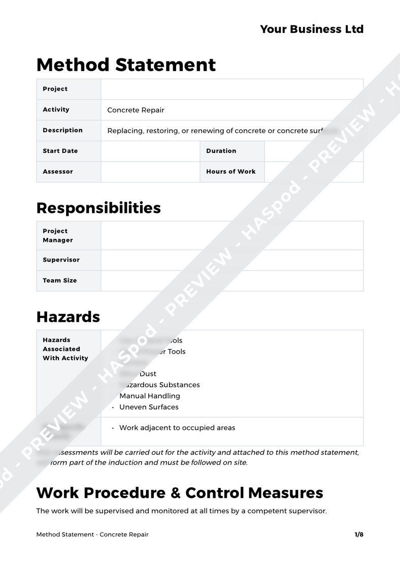 Concrete Repair Method Statement Template HASpod