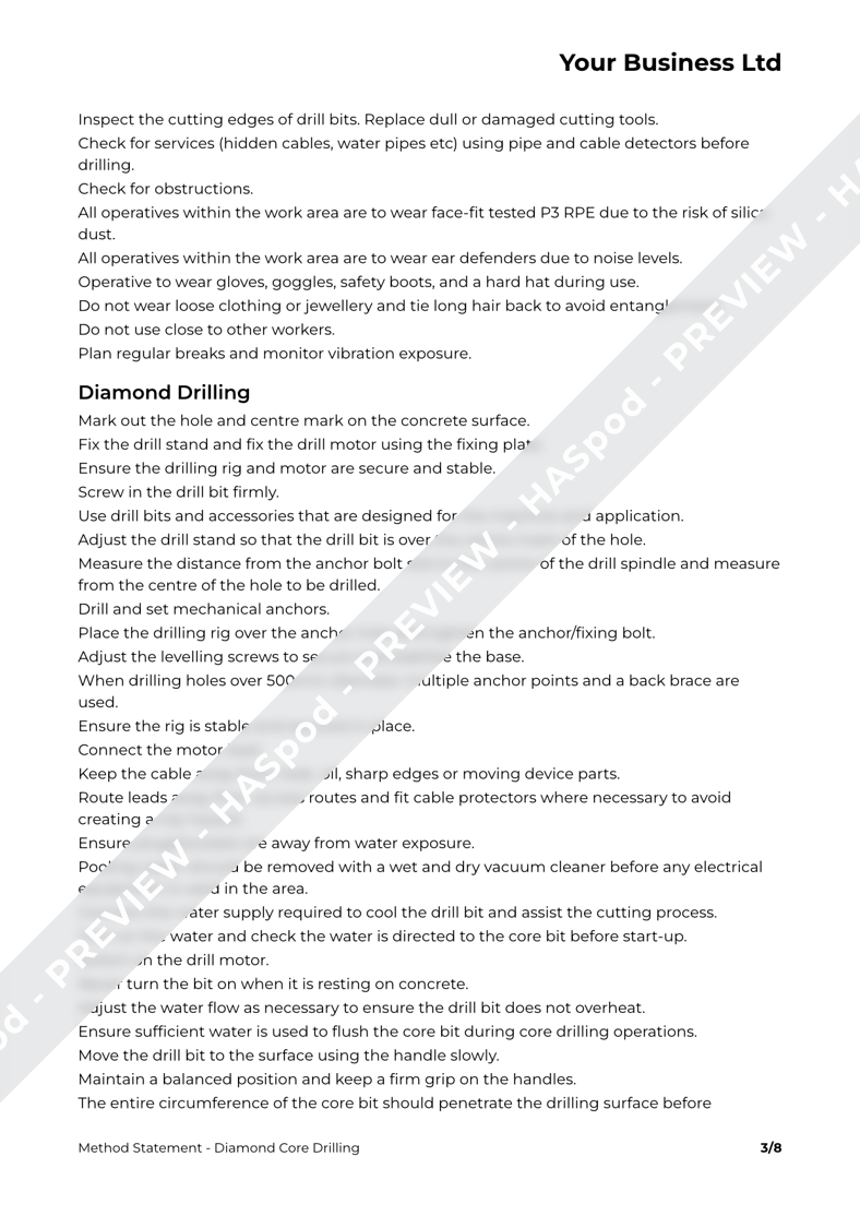 Diamond Core Drilling Method Statement Template HASpod