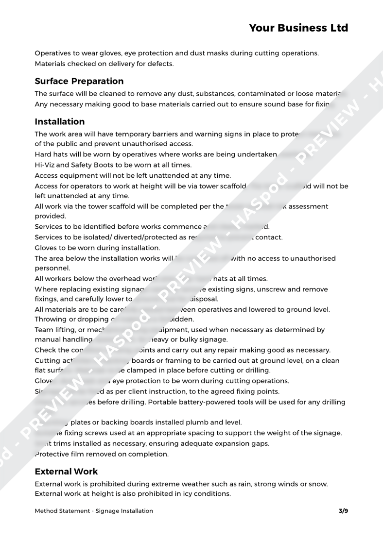Signage Installation Method Statement Template HASpod