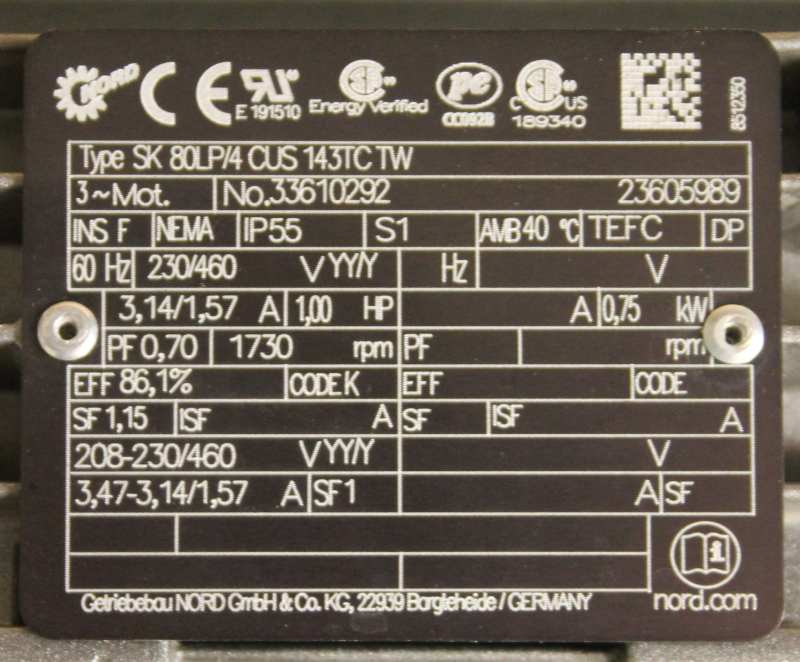 Nord SK 80LP/4 Motor with SK 5282AZMH Unicase Parallel Gearbox