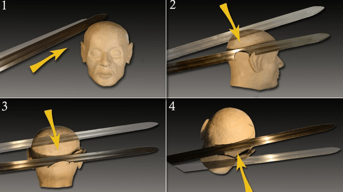 Diagram showing how a Medieval man was killed by four sword blows.