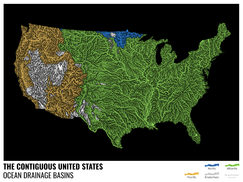 A map of the Contigious US showing the rivers that flow into the Pacific Ocean (orange), the Atlantic (green), and the Arctic (blue.)