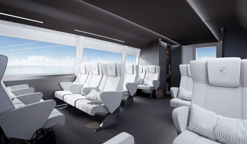 An artist’s illustration of the fancy “Business” version of the electrics ship Candela Technology AB