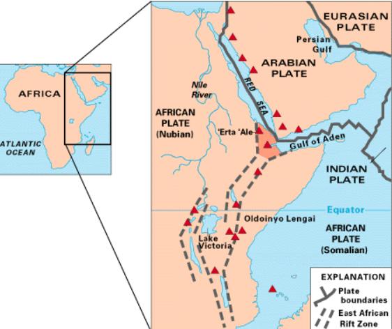 Map of East Africa showing some of the historically active volcanoes (red triangles), as well the two parts of the African Plate (the Nubian and the Somalian) splitting along the East African Rift Zone.
