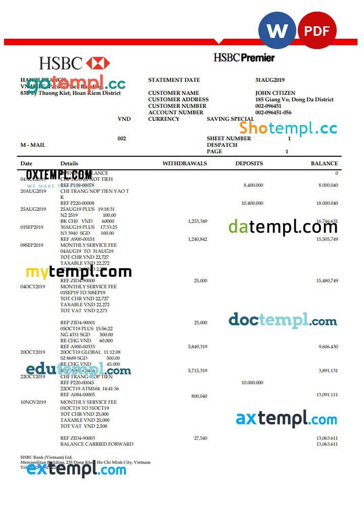 Vietnam HSBC bank proof of address statement template in Word and PDF