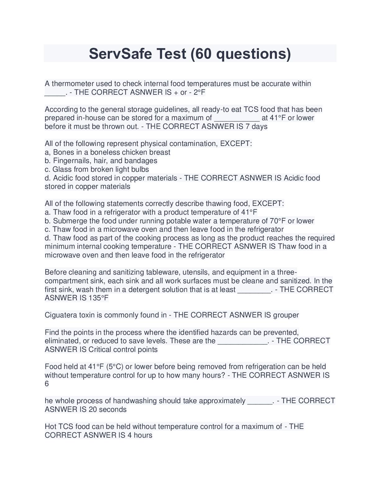 ServSafe Test Latest 2022/2023. 60 questions and answers (Download to