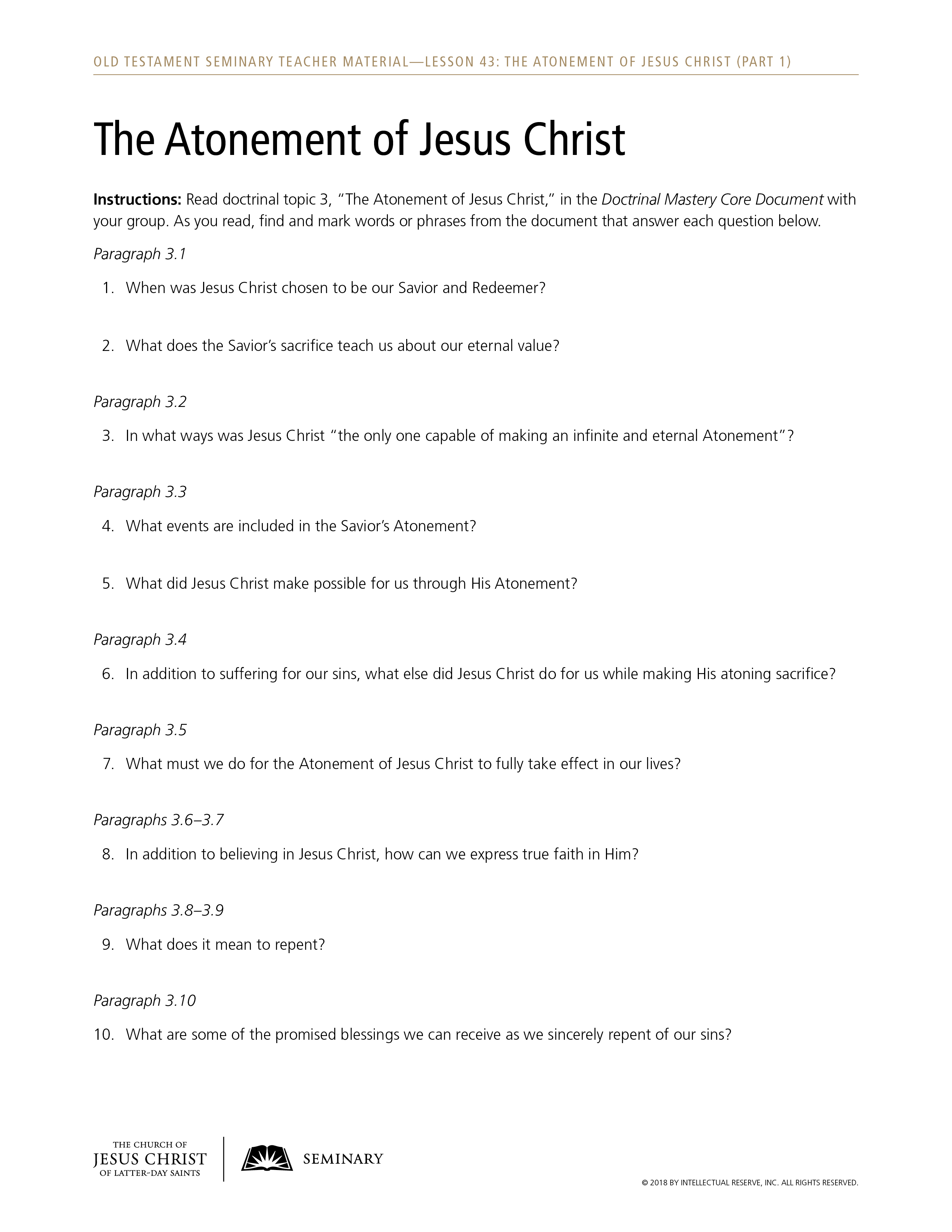 Lesson 43 The Atonement of Jesus Christ (Part 1)