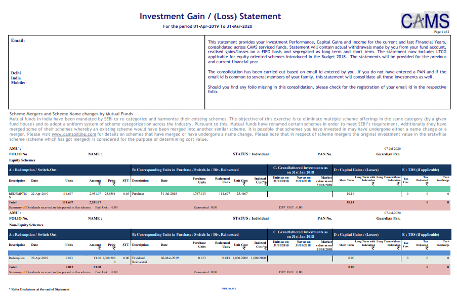 CAMS Consolidated Capital Gains Statement Learn by Quicko