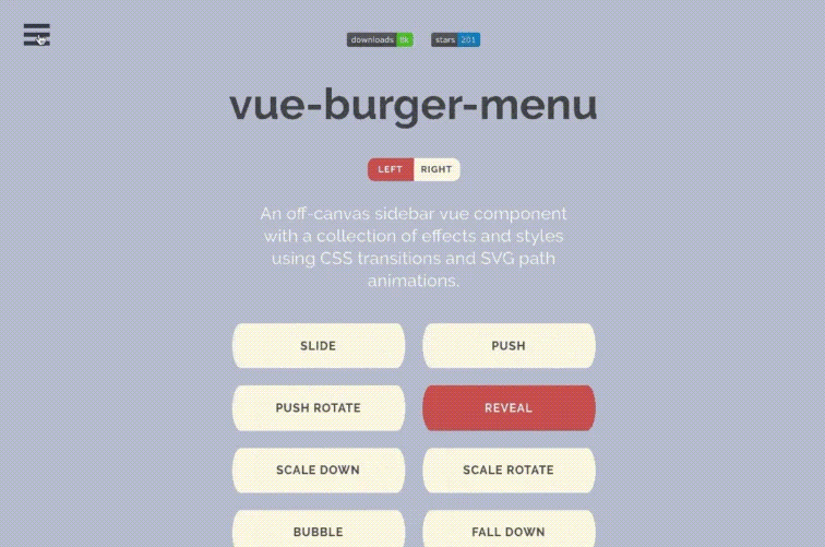 Vue汉堡菜单(VueBurgerMenu)的简介及使用教程 Made with Vuejs