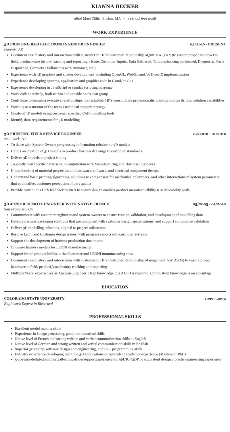3d Engineer Resume Sample Mintresume