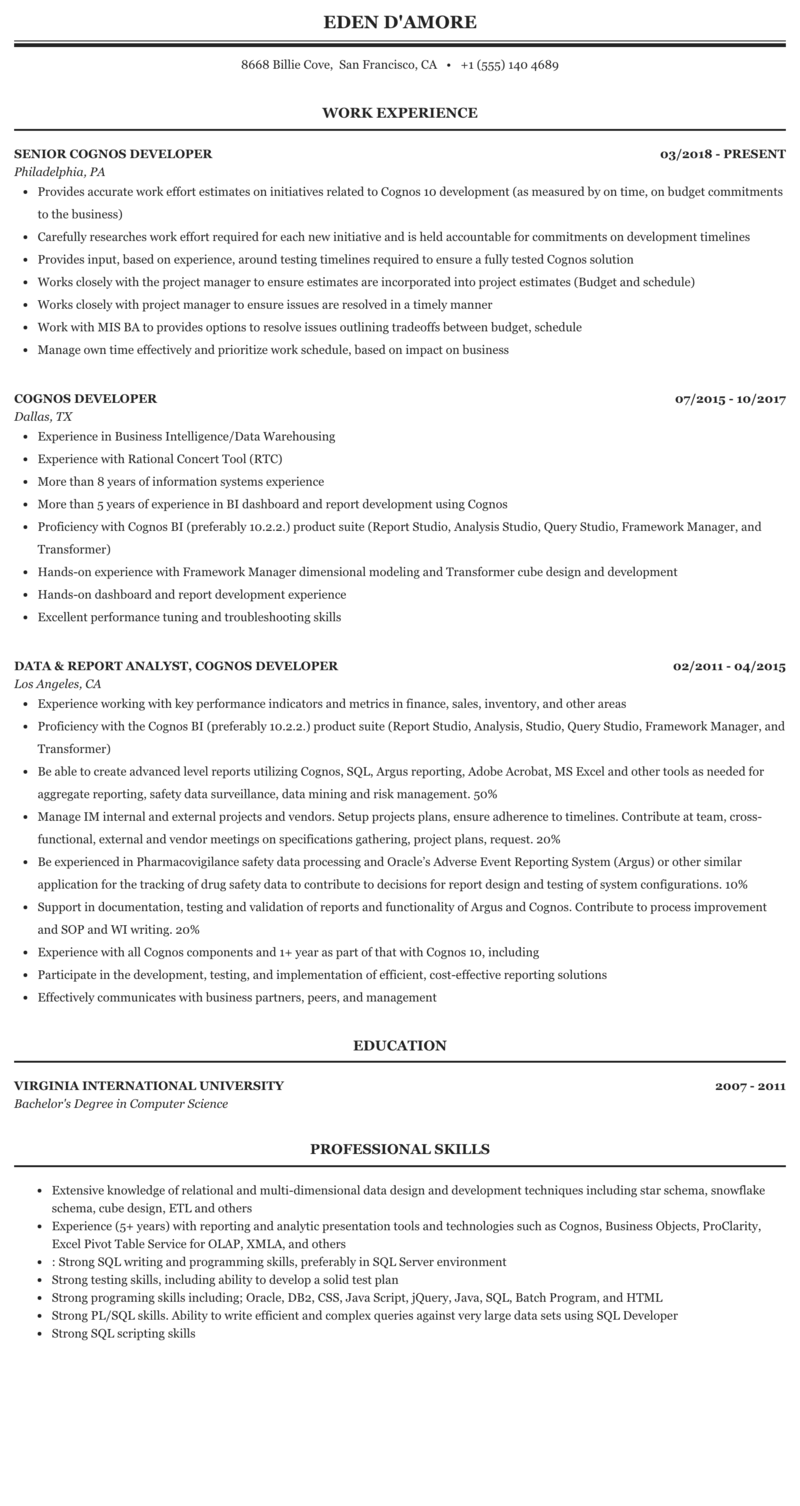 Cognos Developer Resume Sample | Mintresume