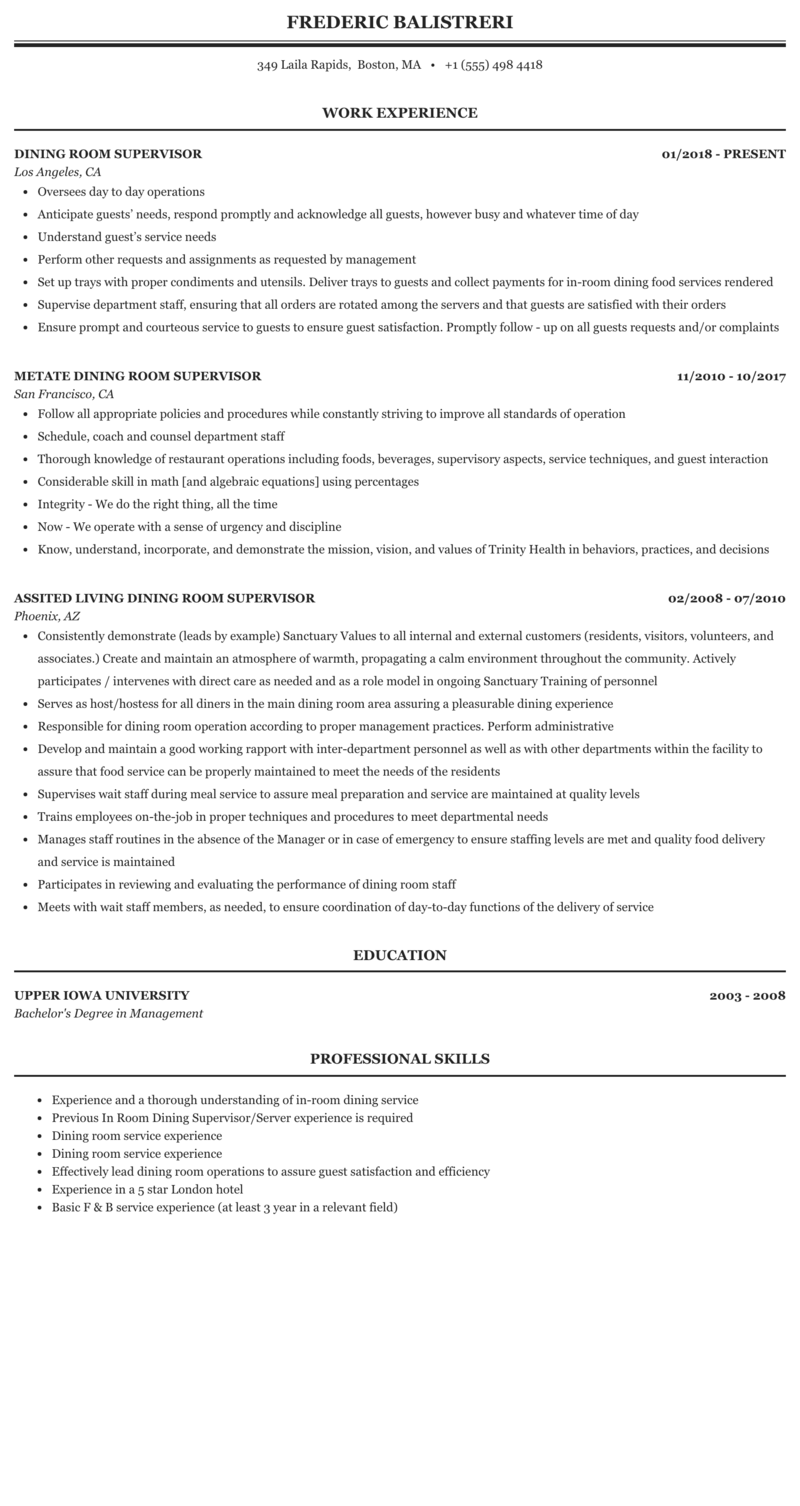 Dining Room Manager Job Description