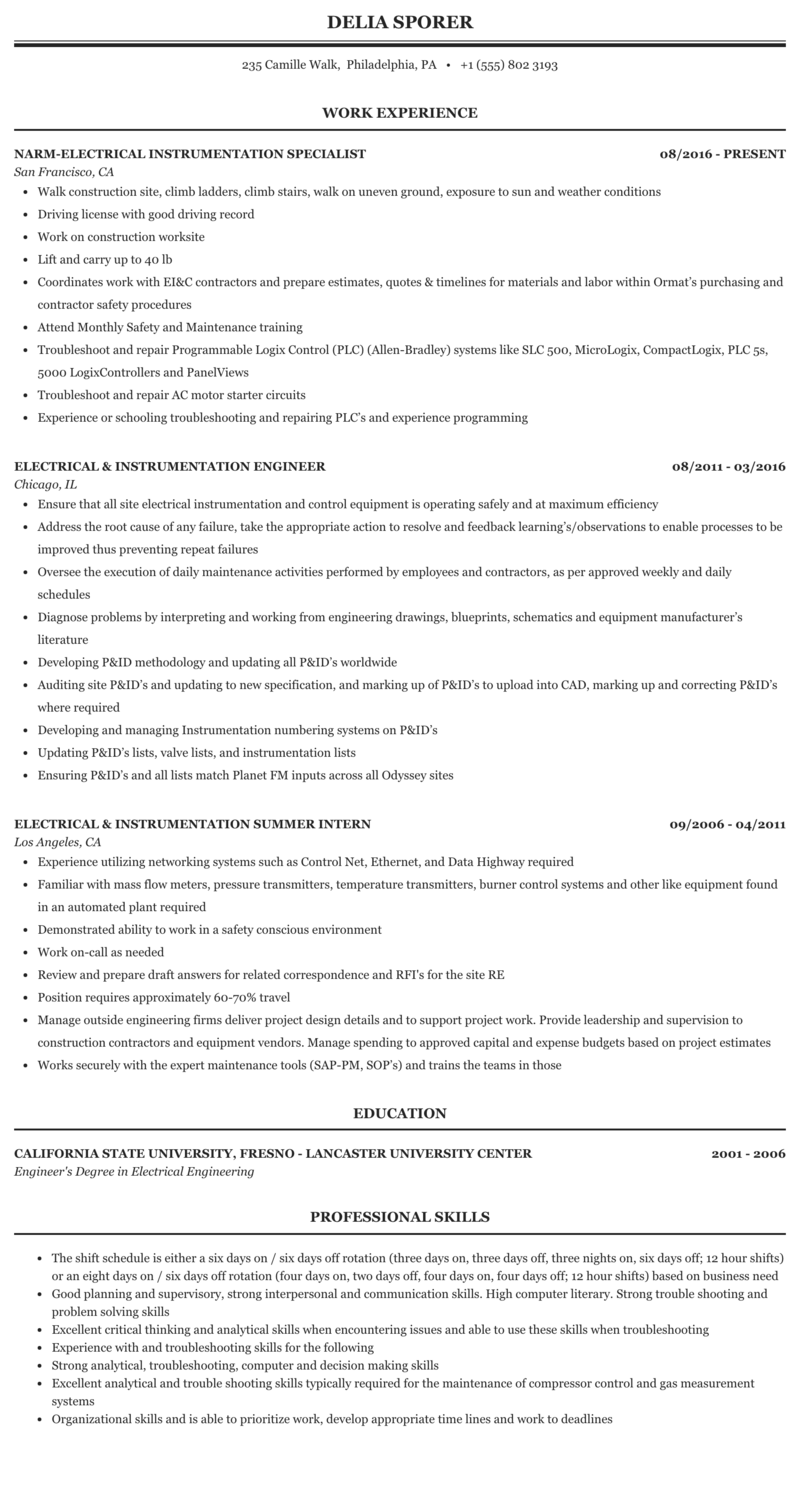 Instrument Construction Supervisor Resume