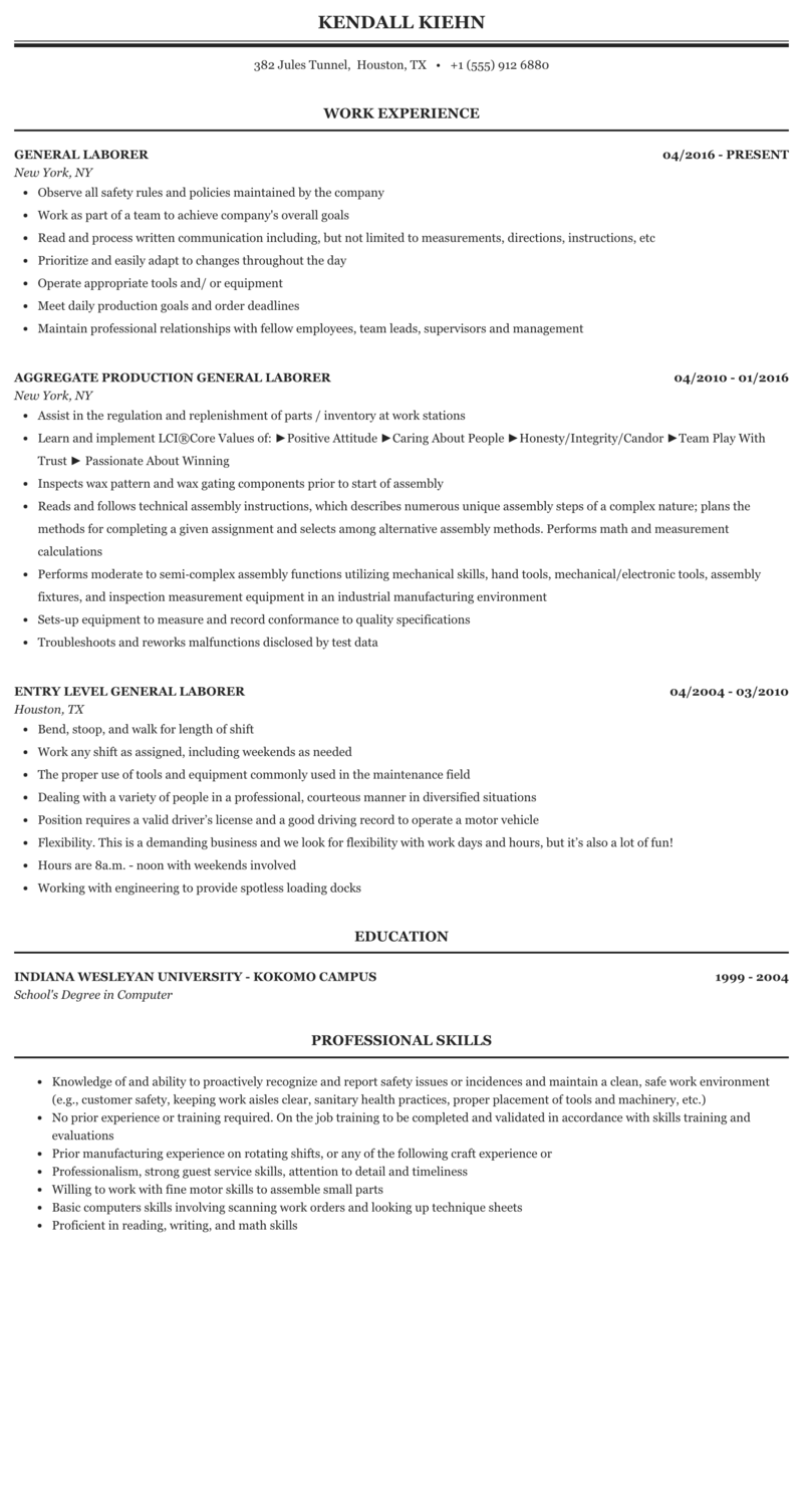 Resume Objective Examples For General Labor