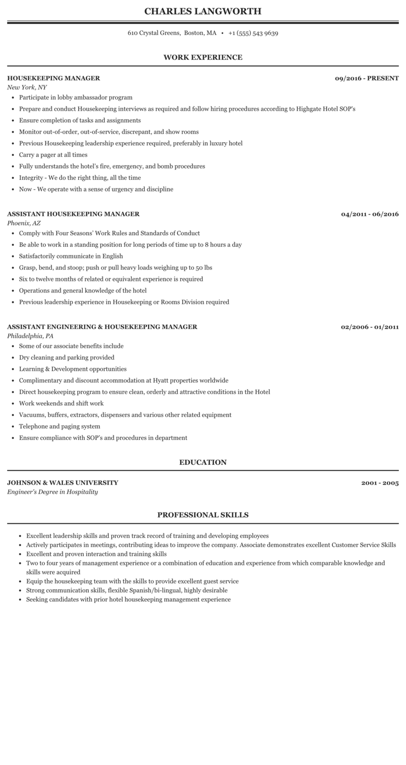 Housekeeping Manager Resume Example