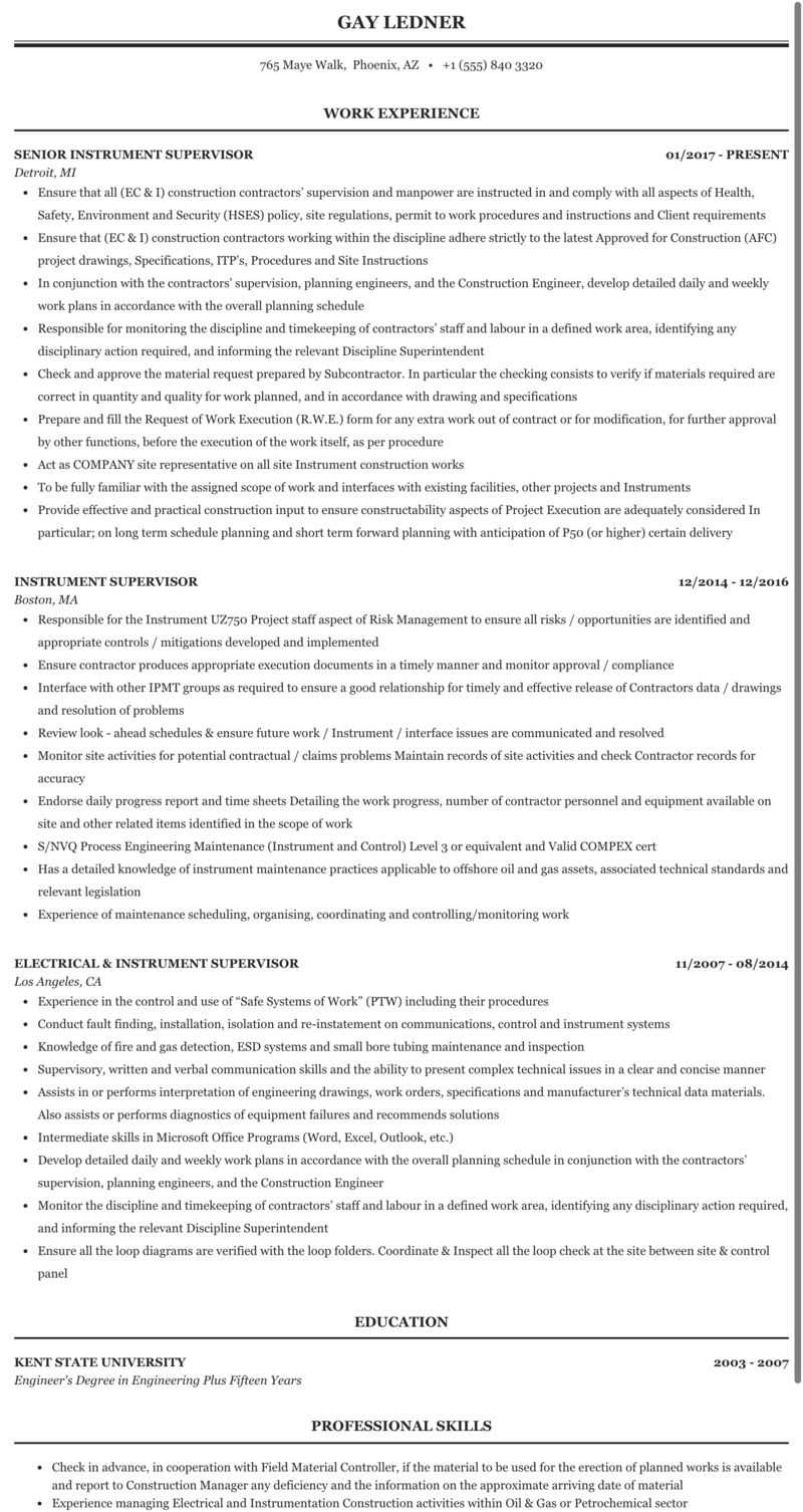 Instrument Construction Supervisor Resume