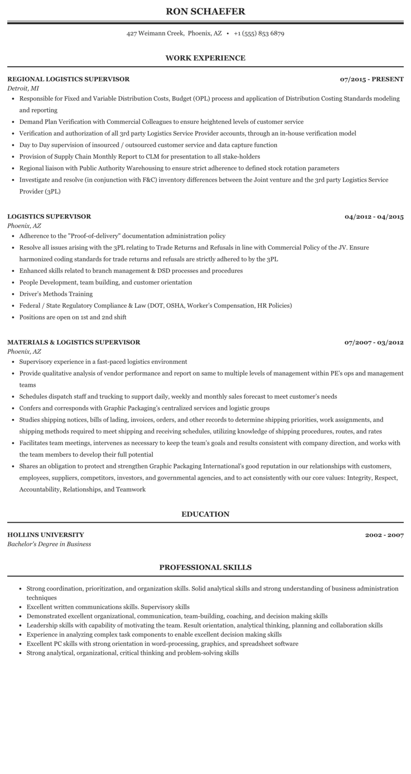 Logistics Supervisor Resume