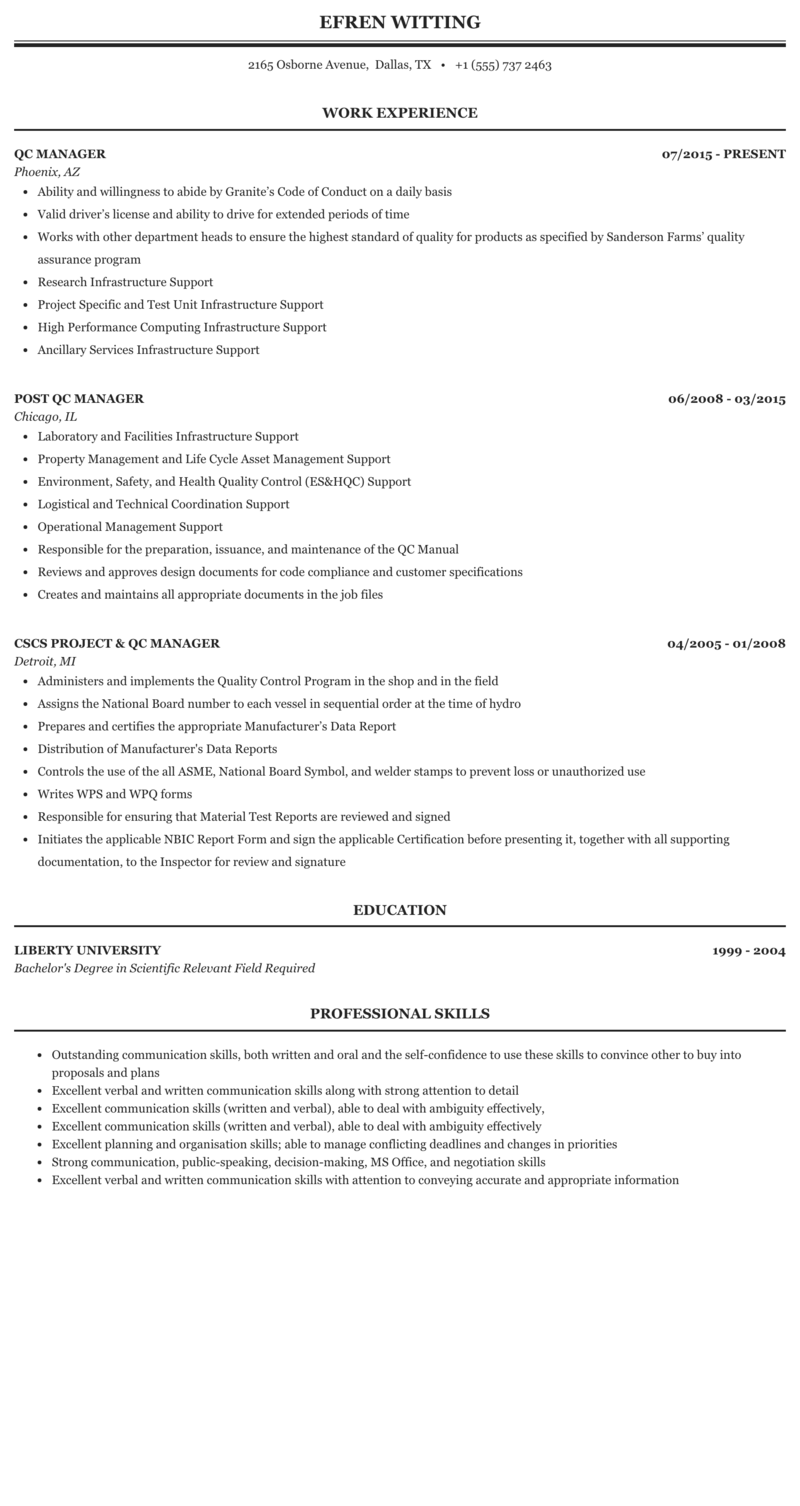 Qc Manager Resume Sample | Mintresume