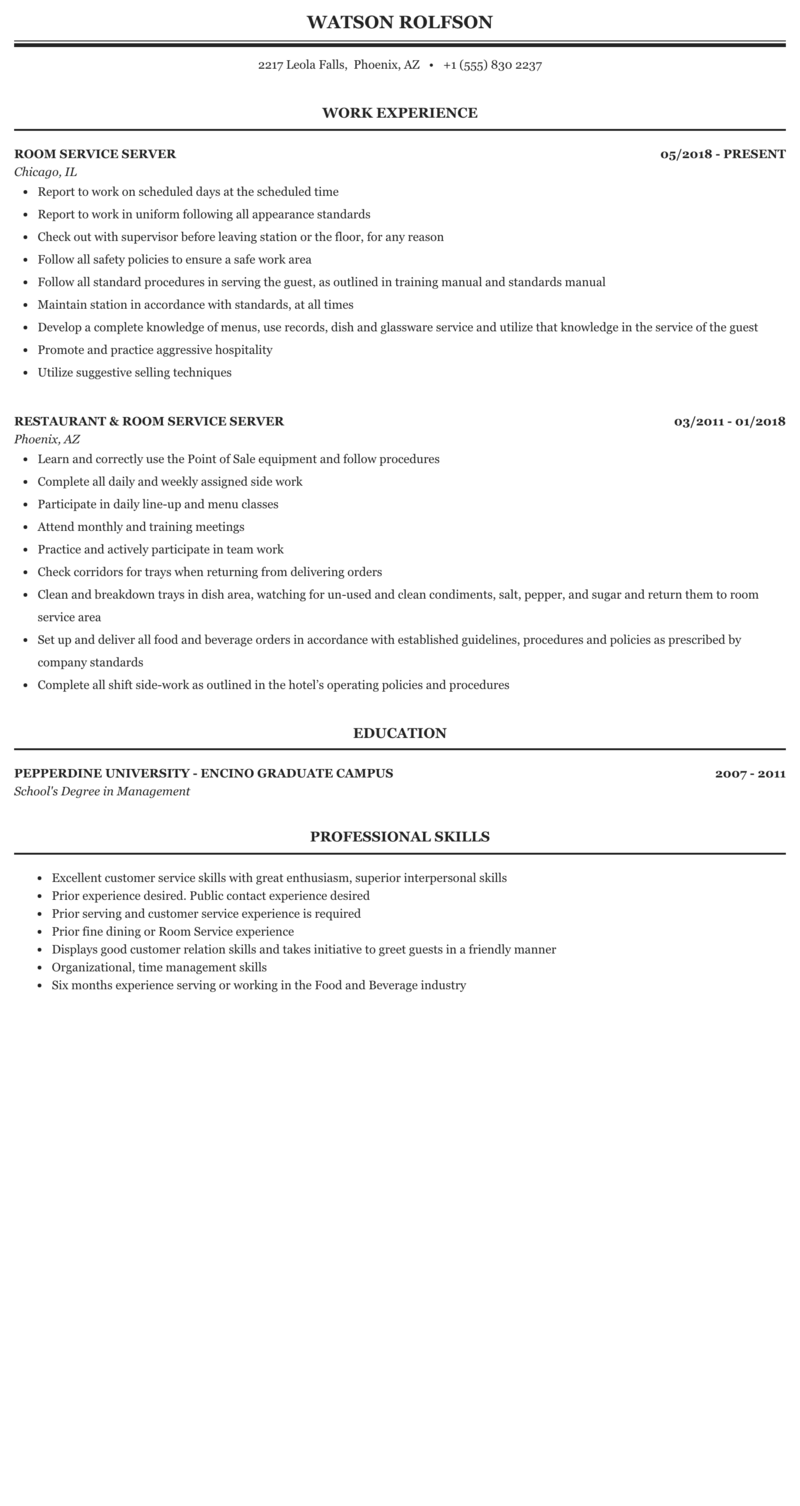 In Room Dining Server Job Description