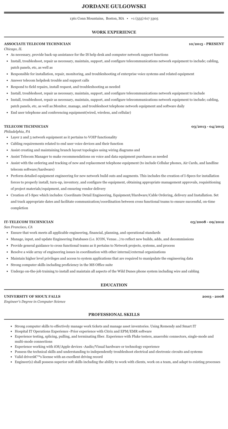 Telecom Technician Resume Sample | Mintresume