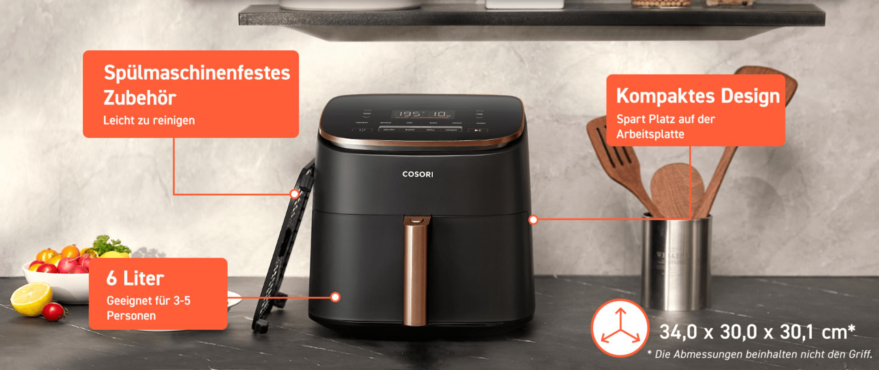 COSORI CAF-DC602-KEUR Turbo Blaze 6.0 Liter Heißluftfritteuse 1725 Watt