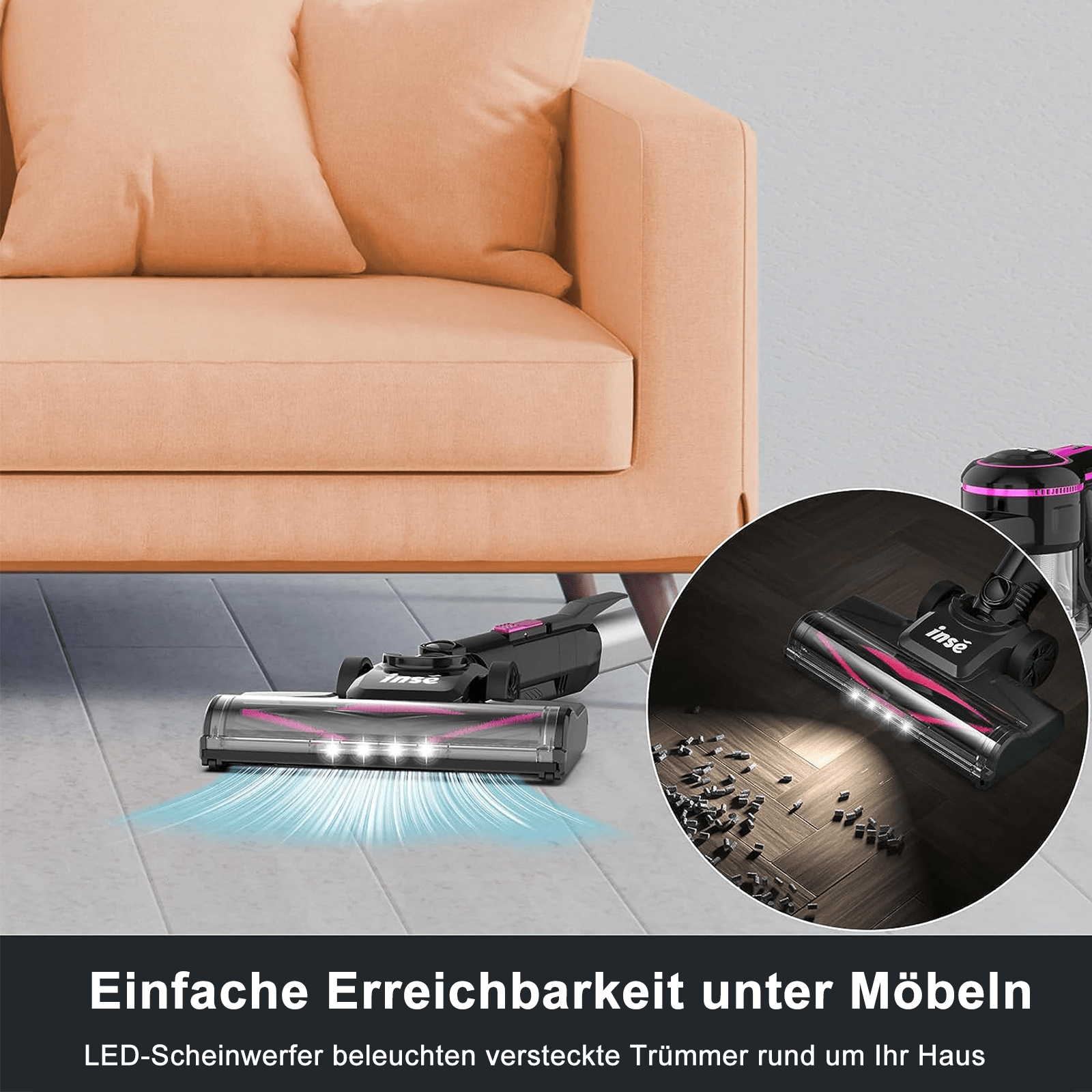 INSE N5T-RED Akku-Stielstaubsauger, maximale Leistung: 250 Watt, Rot